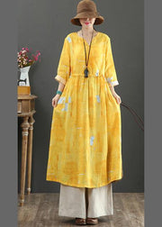 100% Yellow Print Dresses V Neck Tie Waist Robes Spring Dress - SooLinen