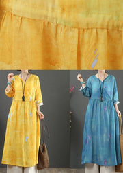 100% Yellow Print Dresses V Neck Tie Waist Robes Spring Dress - SooLinen