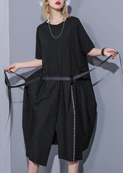 100% black Cotton 0patchwork striped Plus Size summer Dresses - SooLinen