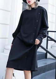 100% black Cotton tunic top stand collar Button cotton fall Dress - SooLinen
