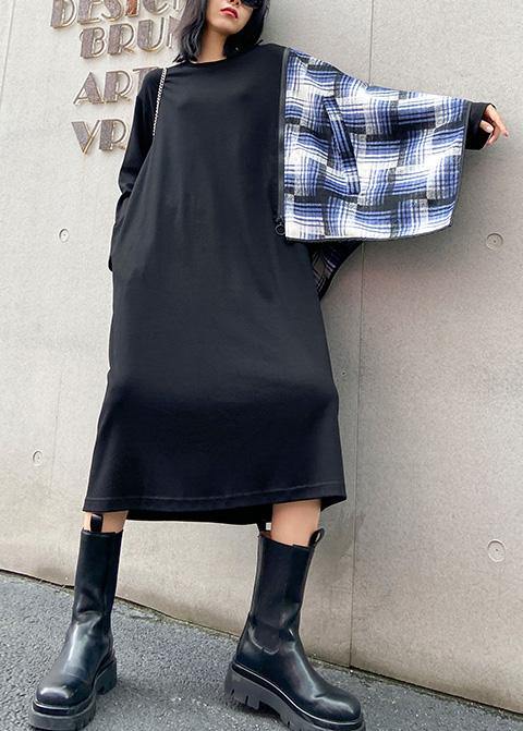 100% black Wardrobes o neck pockets plaid Maxi fall Dress - SooLinen
