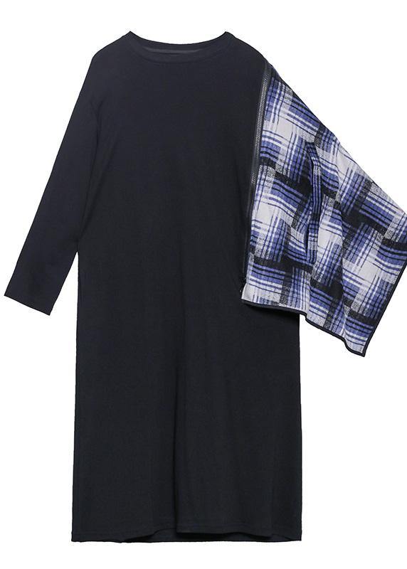 100% black Wardrobes o neck pockets plaid Maxi fall Dress - SooLinen