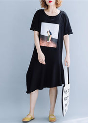 100% black cotton clothes o neck patchwork Traveling summer Dresses - SooLinen