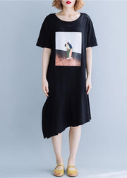 100% black cotton clothes o neck patchwork Traveling summer Dresses - SooLinen