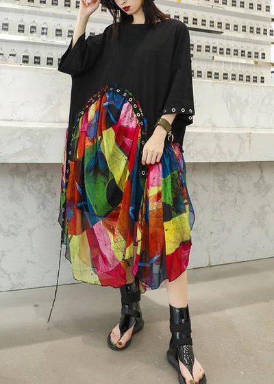 100% black cotton dresses patchwork prints chiffon Traveling summer Dresses - SooLinen