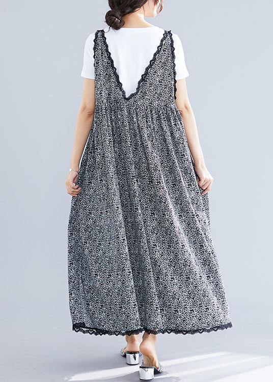 100% black floral v neck chiffon quilting dresses lace ruffles Maxi summer Dress - SooLinen