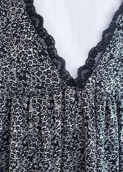 100% black floral v neck chiffon quilting dresses lace ruffles Maxi summer Dress - SooLinen
