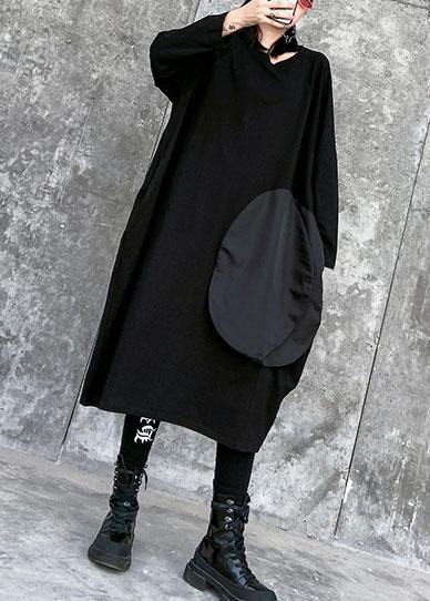 100% black linen cotton clothes For Women o neck pockets Art spring Dresses - SooLinen