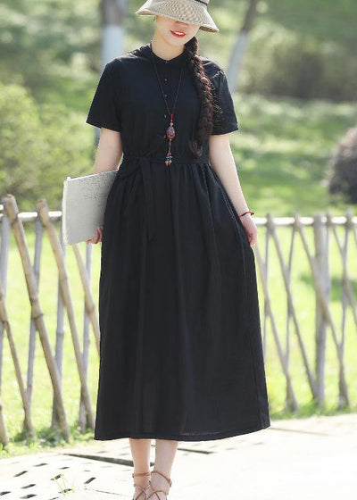 100% black linen dresses tie waist long summer stand collar Dress - SooLinen