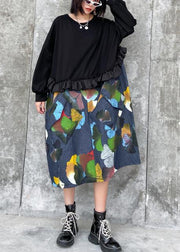100% black patchwork print tunic pattern o neck Ruffles Art Dresses - SooLinen