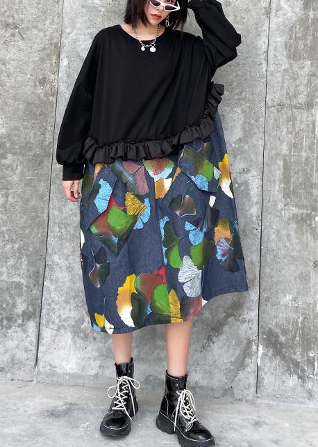 100% black patchwork print tunic pattern o neck Ruffles Art Dresses - SooLinen