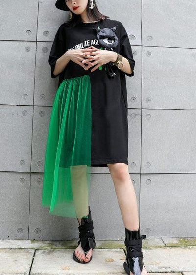 100% black patchwork tulle Cotton tunic dress short sleeve tunic Dresses - SooLinen