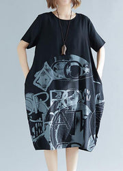 Black Print Cotton Blend Clothes For Women Organic Inspiration O Neck Patchwork Loose Summer Dresses - SooLinen