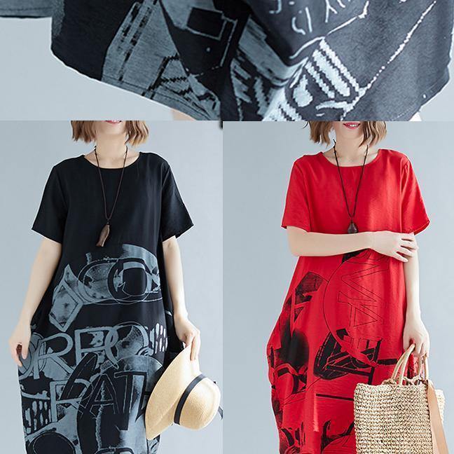Black Print Cotton Blend Clothes For Women Organic Inspiration O Neck Patchwork Loose Summer Dresses - SooLinen