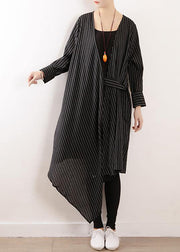 100% black striped clothes Women v neck tie waist Maxi fall Dress - SooLinen