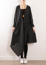100% black striped clothes Women v neck tie waist Maxi fall Dress - SooLinen