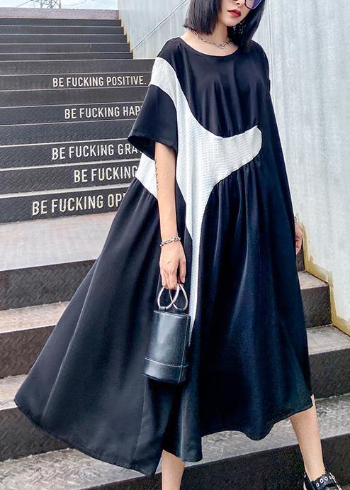 100% black Cinched dress o neck patchwork short Dress - SooLinen