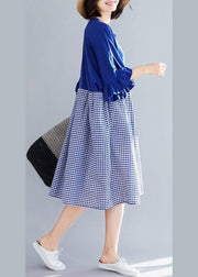 100% blue Plaid Cotton clothes Sweets Runway o neck Butterfly Sleeve shift Summer Dress - SooLinen