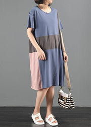 100% blue clothes o neck patchwork Plus Size summer Dresses - SooLinen