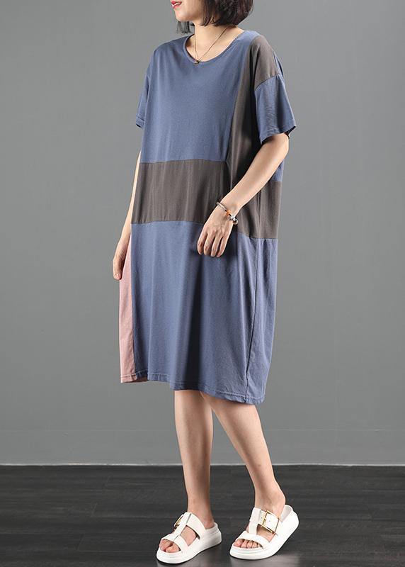 100% blue clothes o neck patchwork Plus Size summer Dresses - SooLinen