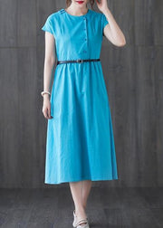 100% blue linen dresses o neck patchwork Love summer Dresses - SooLinen