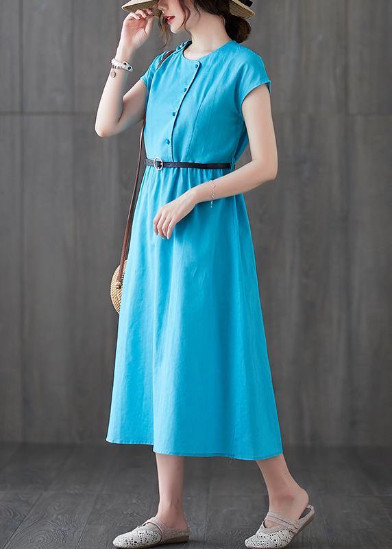 100% blue linen dresses o neck patchwork Love summer Dresses - SooLinen