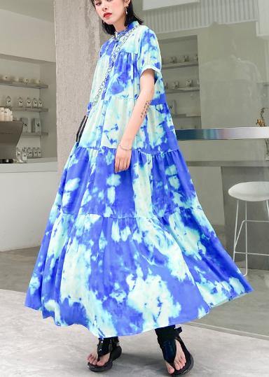 100% blue print cotton tunics for women stand collar patchwork Plus Size Dresses - SooLinen