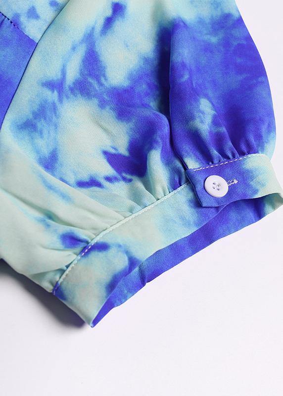 100% blue print cotton tunics for women stand collar patchwork Plus Size Dresses - SooLinen