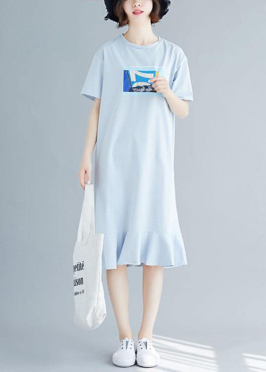 100% blue prints o neck cotton dress ruffles hem Robe summer Dresses - SooLinen