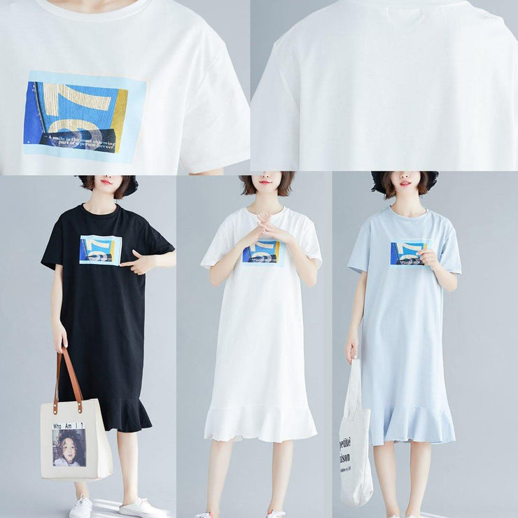 100% blue prints o neck cotton dress ruffles hem Robe summer Dresses - SooLinen