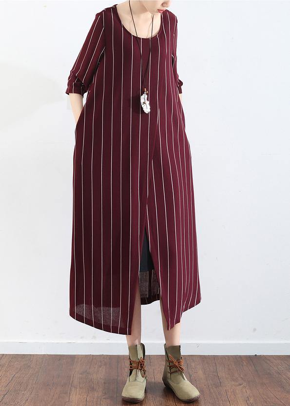 100% burgundy cotton clothes For Women plus size Catwalk striped Dresses summer Dresses - SooLinen