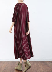 100% burgundy cotton clothes For Women plus size Catwalk striped Dresses summer Dresses - SooLinen
