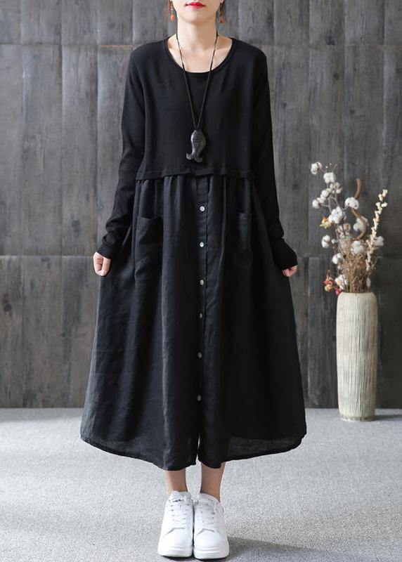 100% cotton Tunic Omychic Cotton Solid Spliced Female Long Sleeve Black Dress - SooLinen