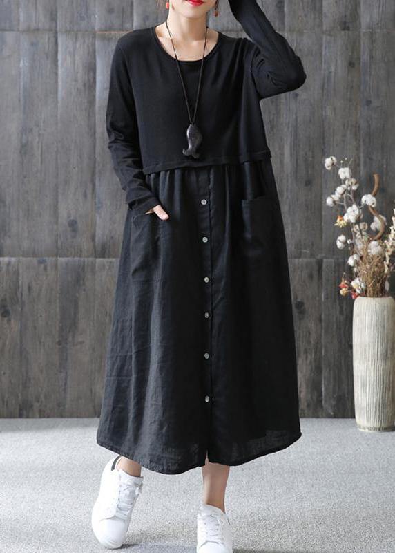 100% cotton Tunic Omychic Cotton Solid Spliced Female Long Sleeve Black Dress - SooLinen