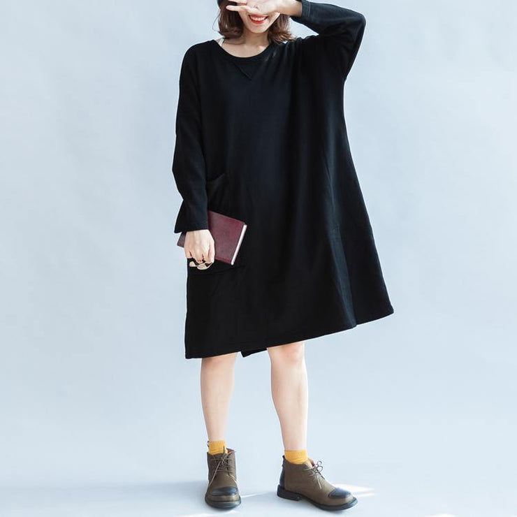 100% cotton black carton sweat dresses long sleeve cotton dresses oversized 146cm bust - SooLinen