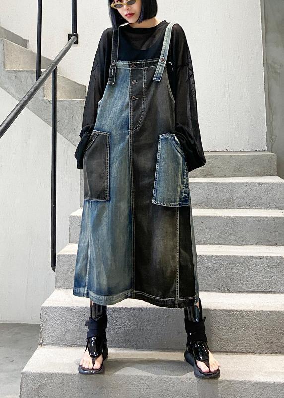100% denim black cotton quilting clothes Sleeveless pockets Maxi Dresses - SooLinen