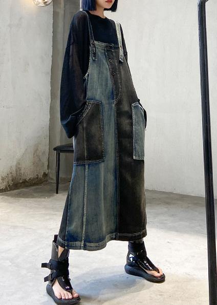 100% denim black cotton quilting clothes Sleeveless pockets Maxi Dresses - SooLinen