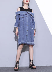 100% denim blue Cotton Long Shirts Slash neck oversized summer Dresses - SooLinen