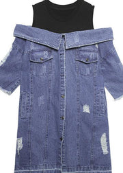 100% denim blue Cotton Long Shirts Slash neck oversized summer Dresses - SooLinen