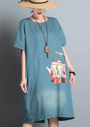 100% denim blue print dresses o neck pockets A Line summer Dress - SooLinen