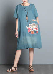 100% denim blue print dresses o neck pockets A Line summer Dress - SooLinen