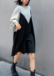 100% gray Robes o neck patchwork black long Dress - SooLinen