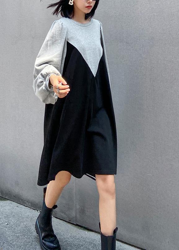 100% gray Robes o neck patchwork black long Dress - SooLinen