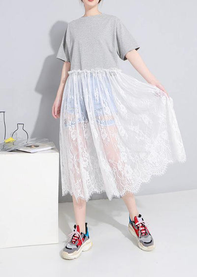 100% gray cotton clothes For Women o neck Maxi patchwork sundress - SooLinen