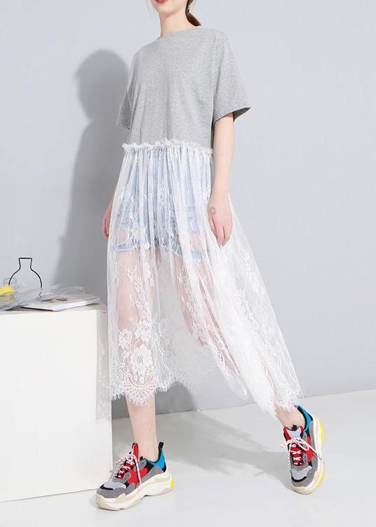 100% gray cotton clothes For Women o neck Maxi patchwork sundress - SooLinen