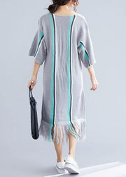 100% gray tassel cotton Tunic v neck loose Dresses - SooLinen
