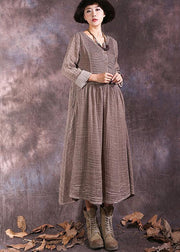 100% green long sleeve cotton dresses v neck Maxi autumn Dresses - SooLinen