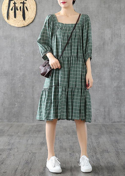 100% green plaid cotton linen Tunic Square Collar patchwork A Lin Dresses - SooLinen