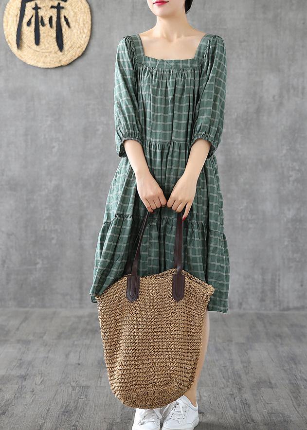 100% green plaid cotton linen Tunic Square Collar patchwork A Lin Dresses - SooLinen