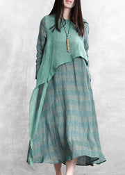 100% green plaid tunic top o neck asymmetric Maxi fall Dresses - SooLinen